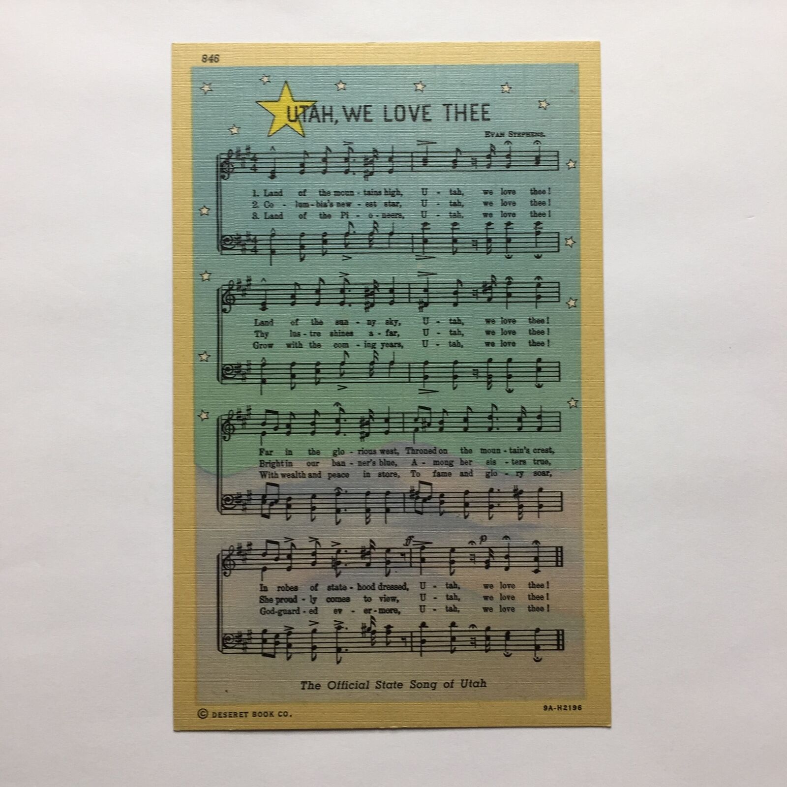 Evan Stephens Official State Song Of Utah Lyrics Musical Notes Vintage Postcard