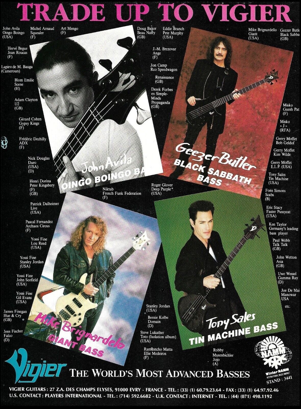 1993 Vigier Bass Guitar ad Geezer Butler John Avila Tony Sales Mike Brignardelo