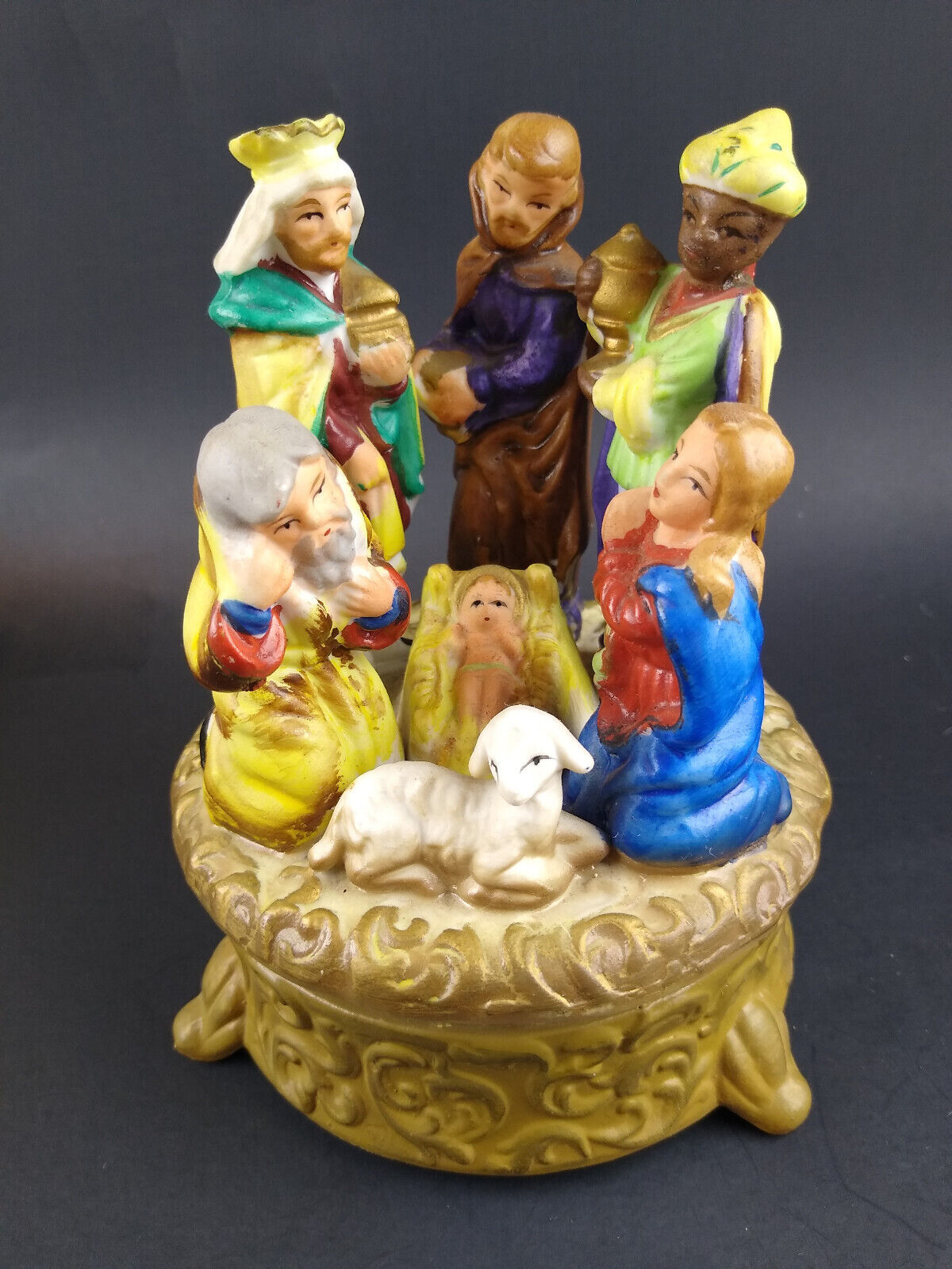 Figurine Music Box Rotates Mid Century Silent Night Nativity Vintage Apco