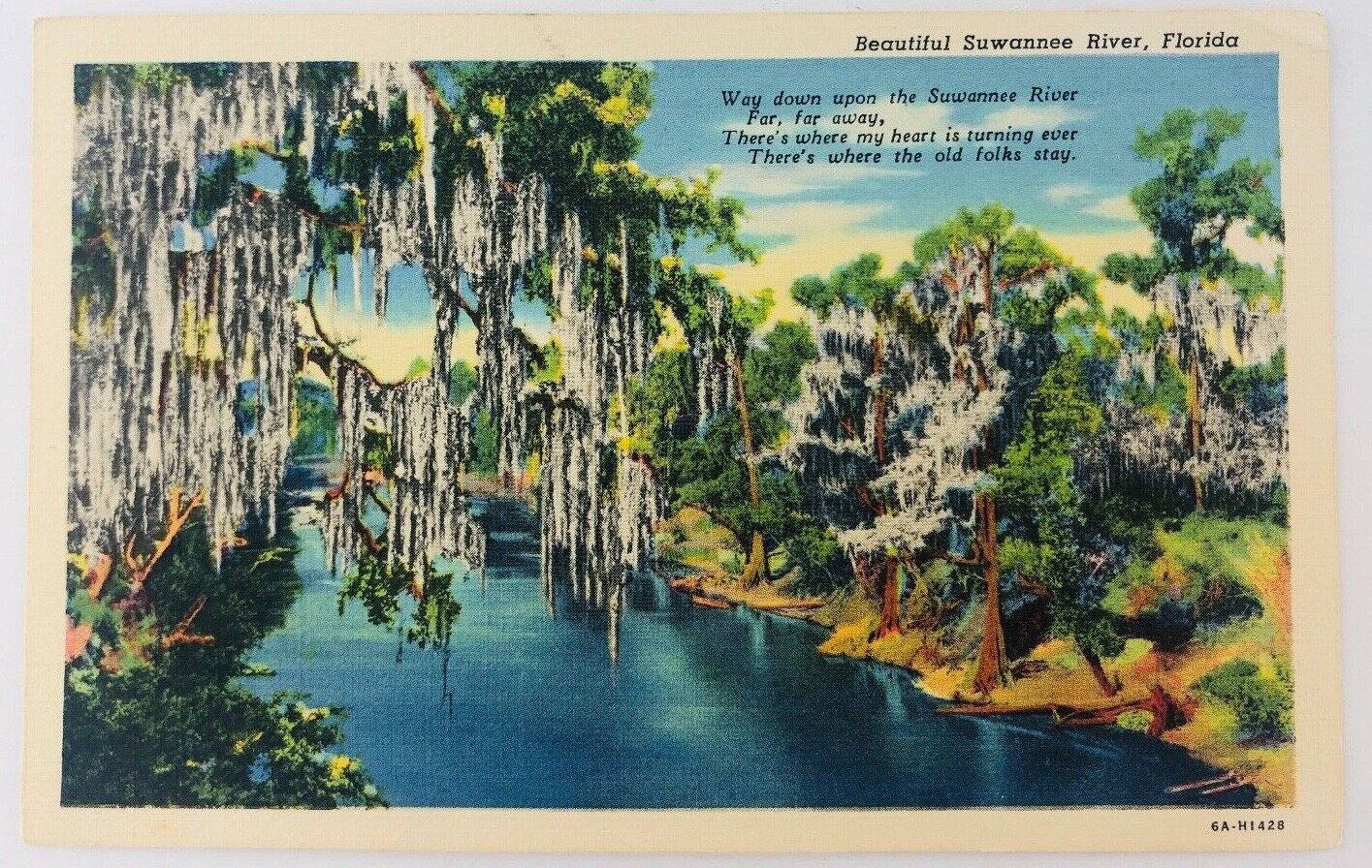 Vintage Florida FL Beautiful Suwannee River Linen Postcard With Song Lyrics