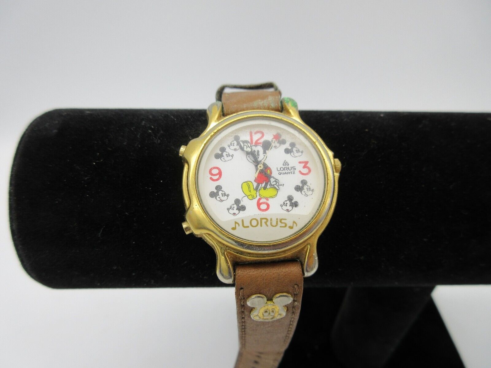 Vintage Lorus Musical Mickey Mouse Watch Brown Leather Band FOR PARTS OR REPAIR