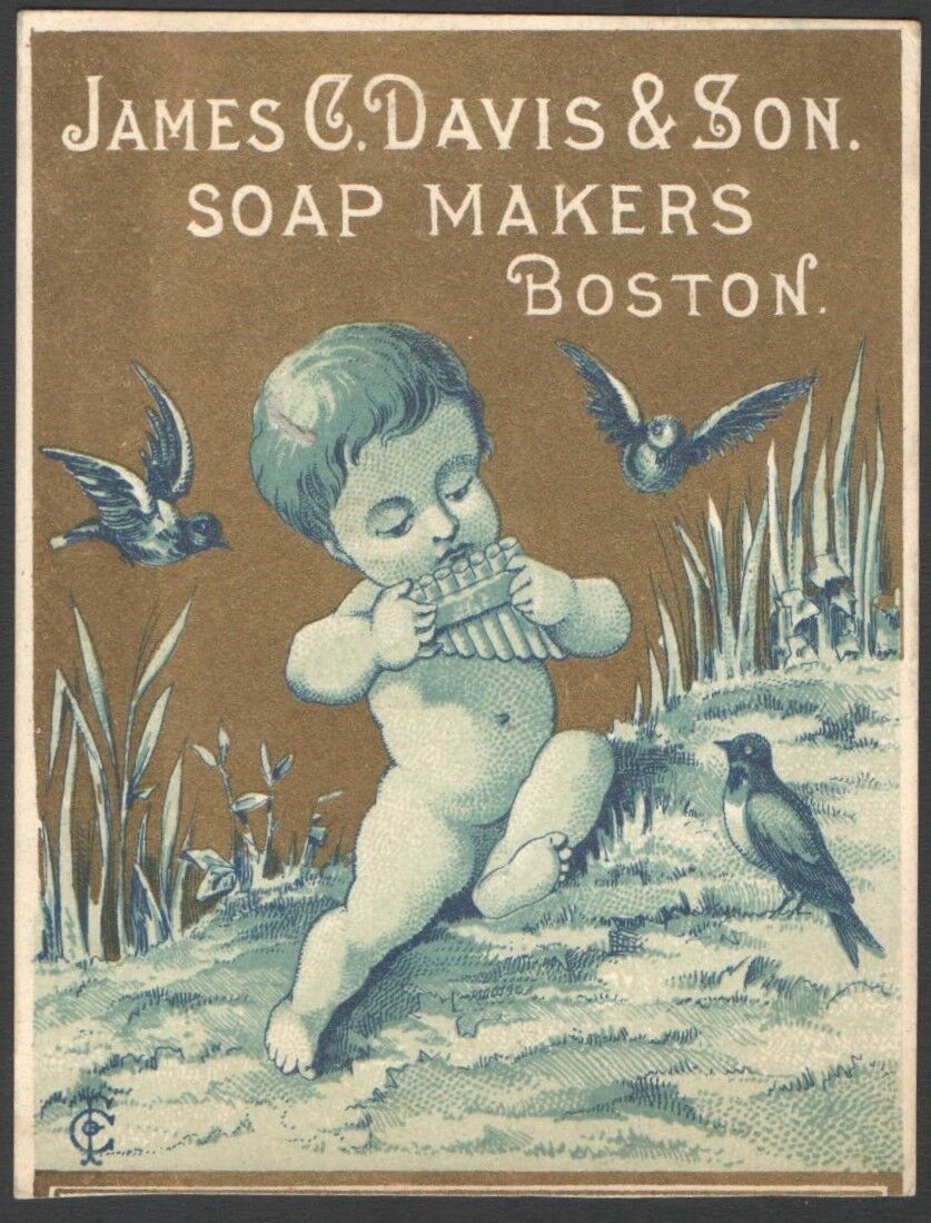 JAMES DAVIS & SON SOAP MAKERS BOSTON Victorian TradeCard Child Playing Harmonica