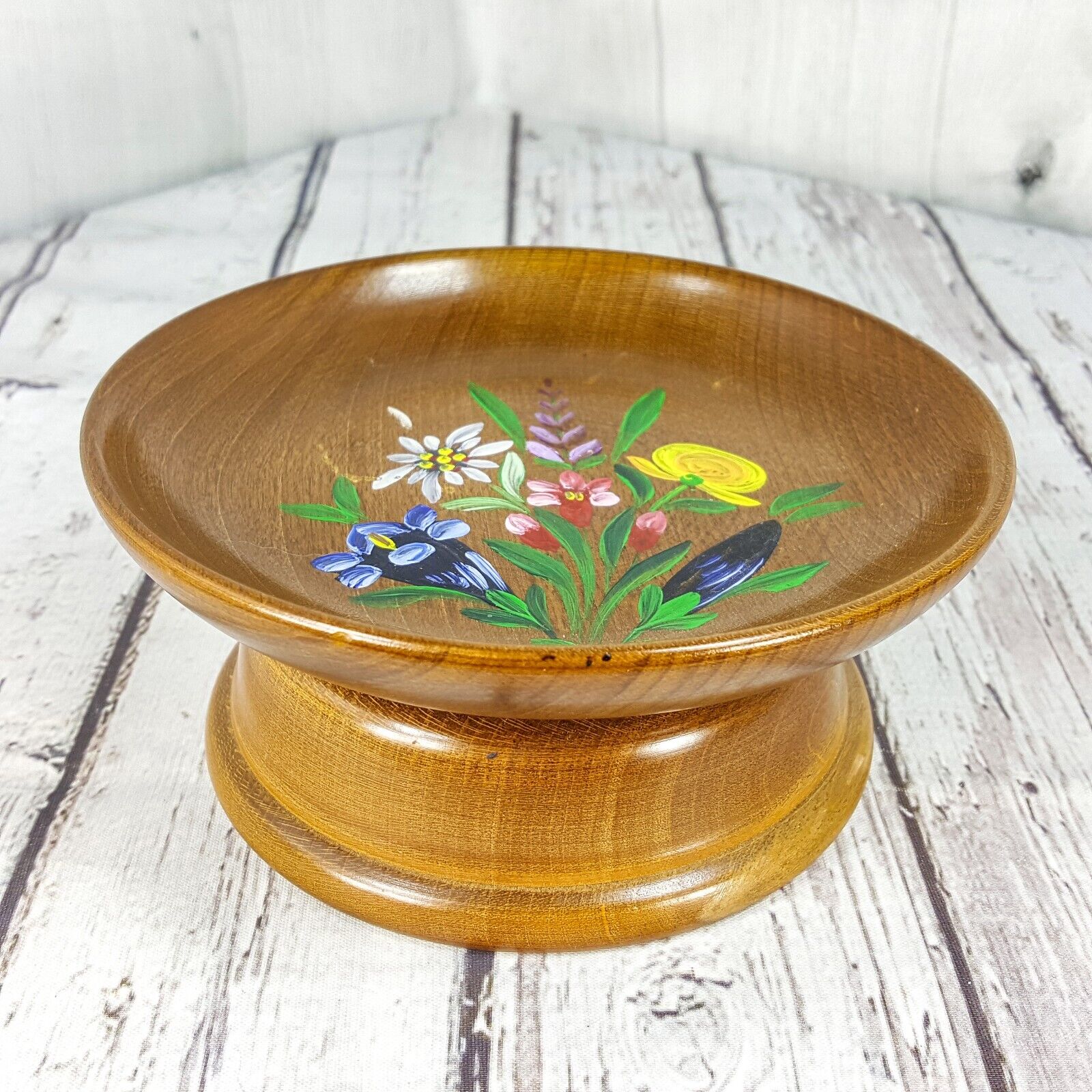 Vintage Cuendet Wood Hand Painted Musical Spins Pedestal Bowl Dish Lara's Theme