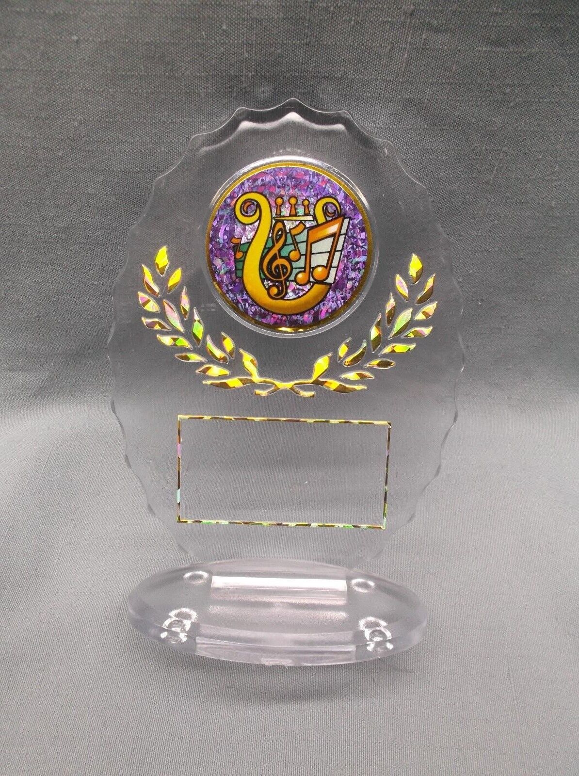 large clear music trophy oval acrylic award purple insert