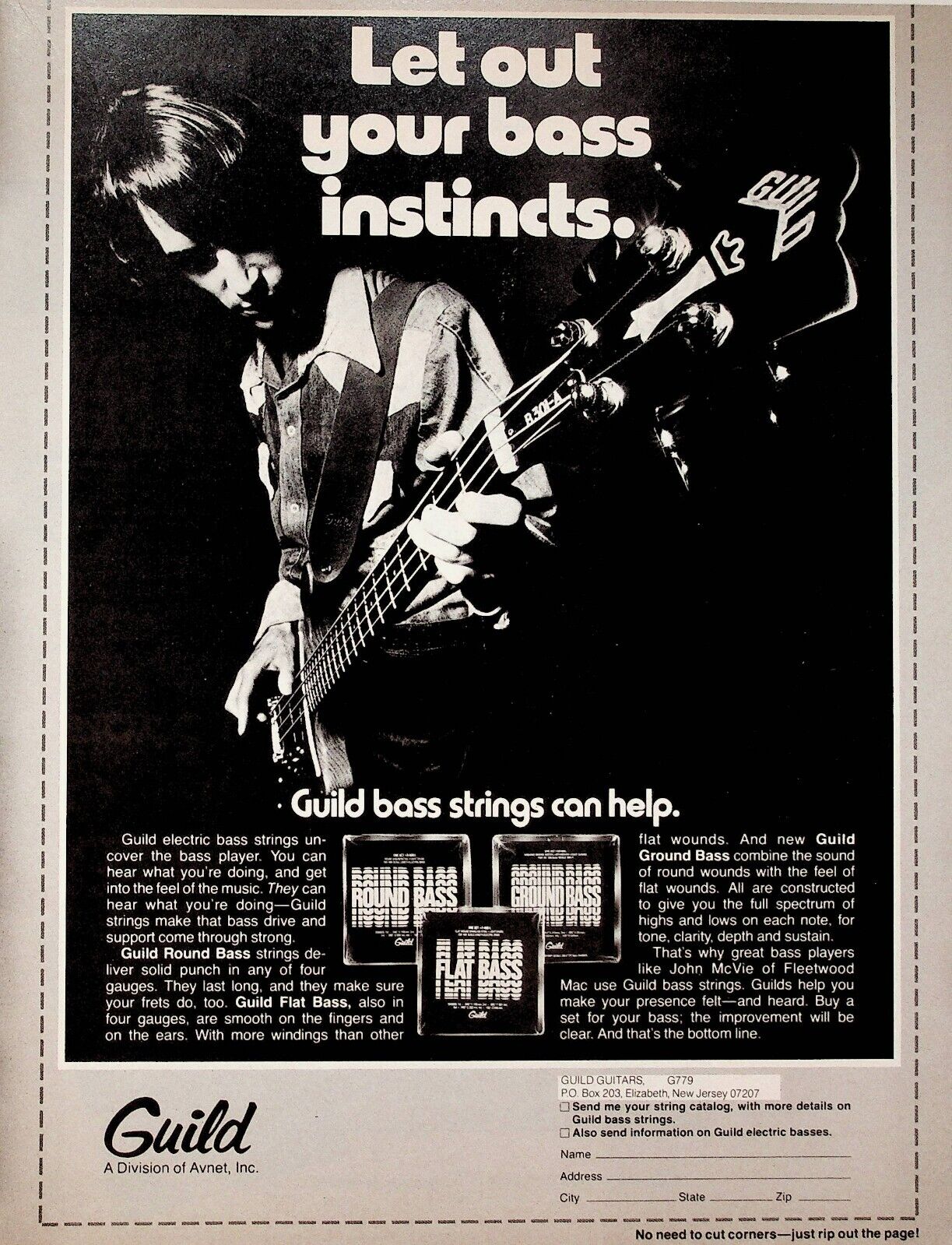 1979 Fleetwood Mac John McVie Guild B301 Bass Guitar Strings - Vintage Ad