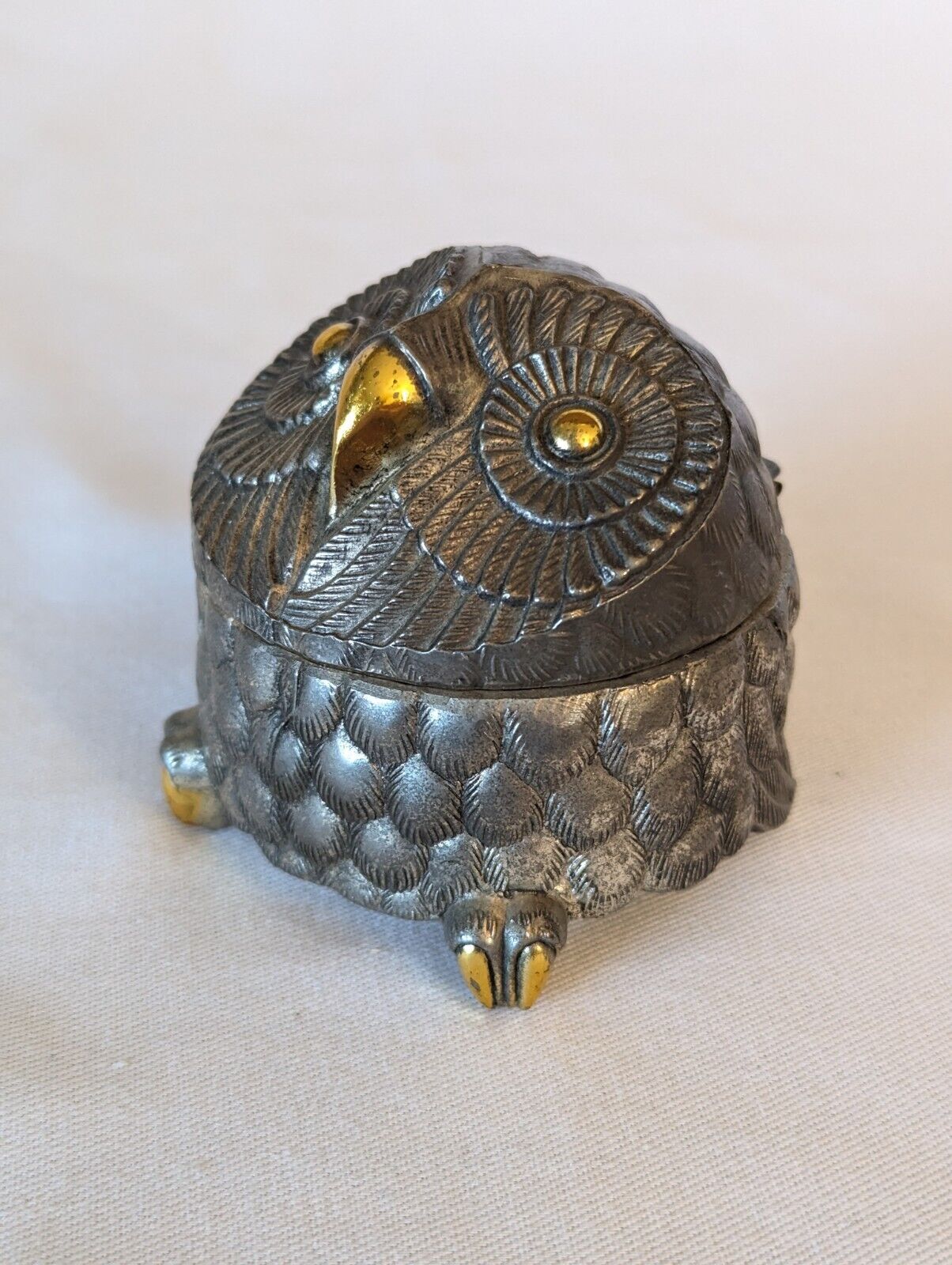 Vintage Owl music box silver gold brass metal trinket blue velvet lined plays