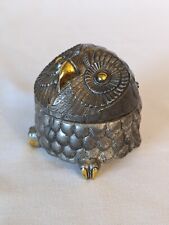 Vintage Owl music box silver gold brass metal trinket blue velvet lined plays picture