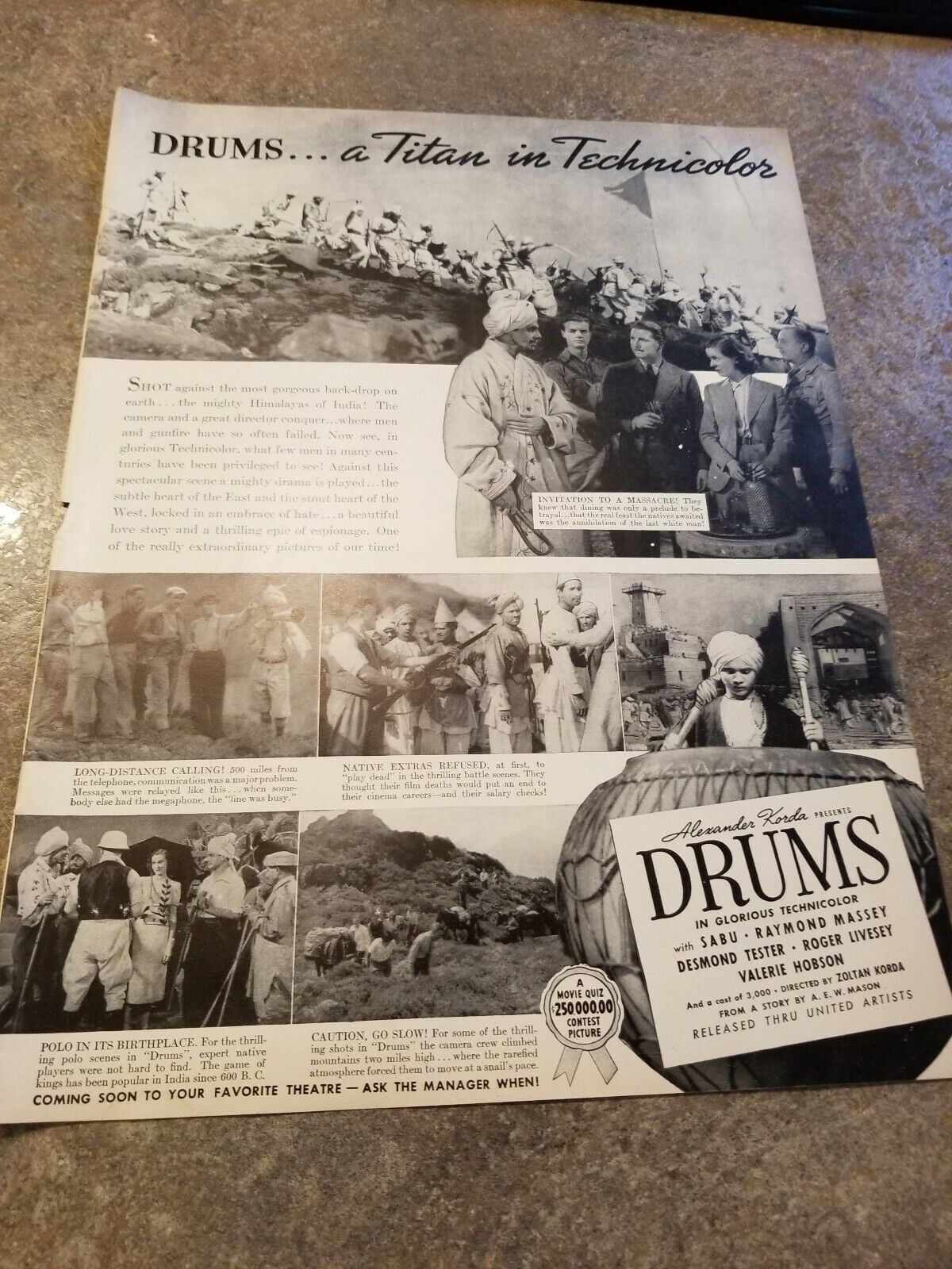 1938 Vintage  Print Ad Movie Drums. Sabu. Raymond Massey