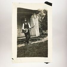 Well-Dressed Banjo Player Man Photo 1920s Front Porch Guy Playing Music B3101 picture