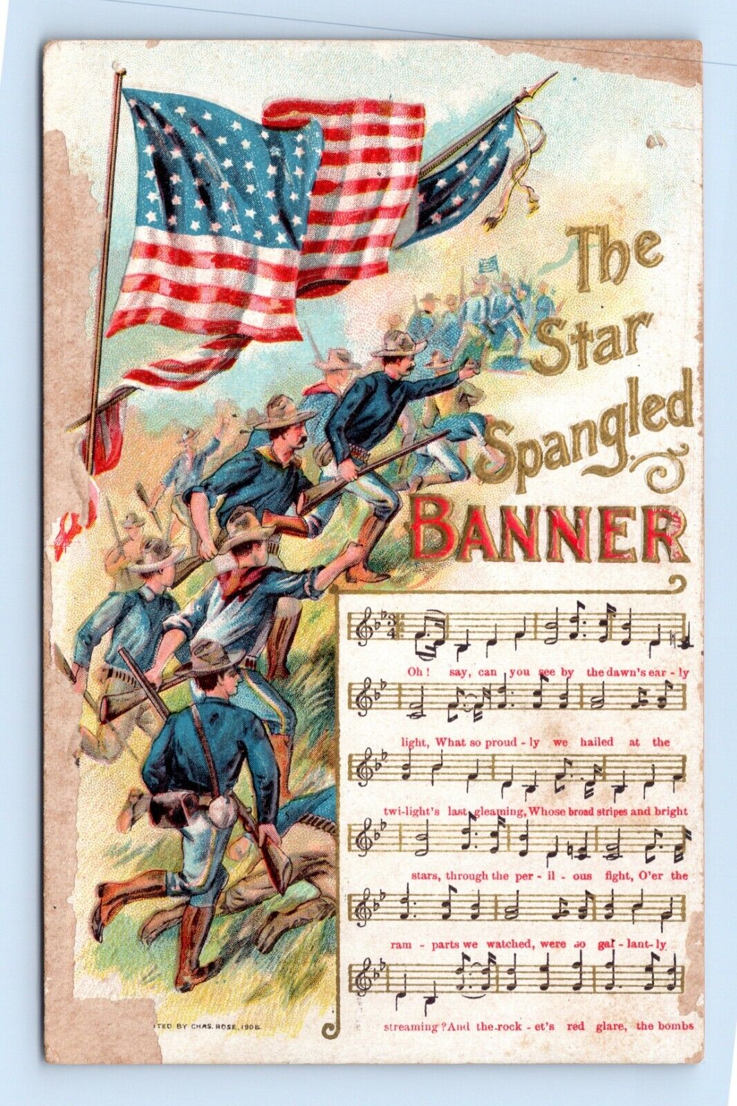 Soldiers Battle Star Spangled Banner Lyrics Patriotic Embossed DB Postcard M15