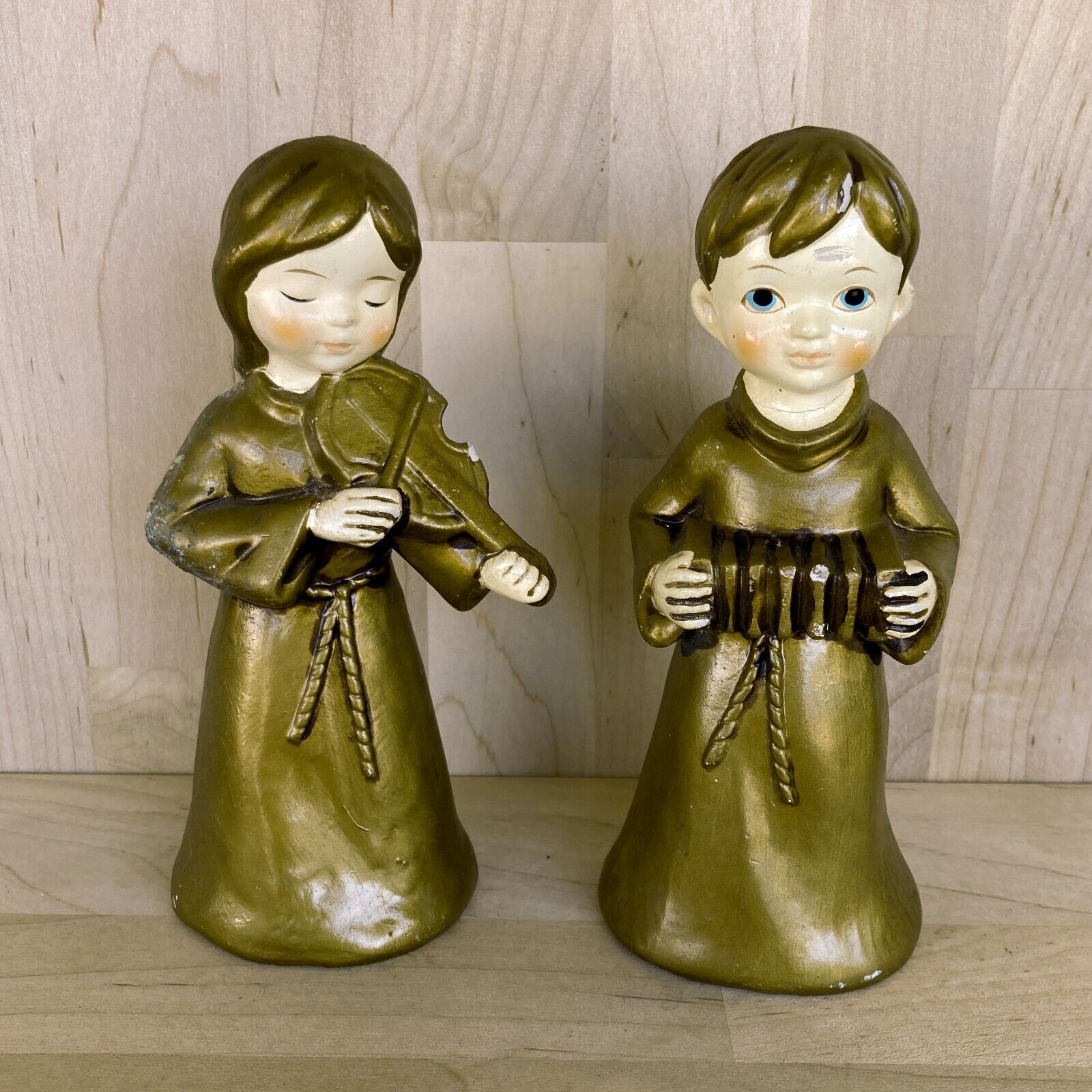 Vintage ARDCO Gold Plaster Angel Christmas Figurines, Violin, Harmonica