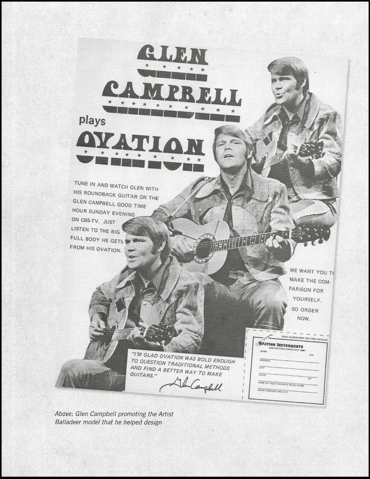 Vintage Ovation guitar ad featuring Glen Campbell promoting the Artist Balladeer