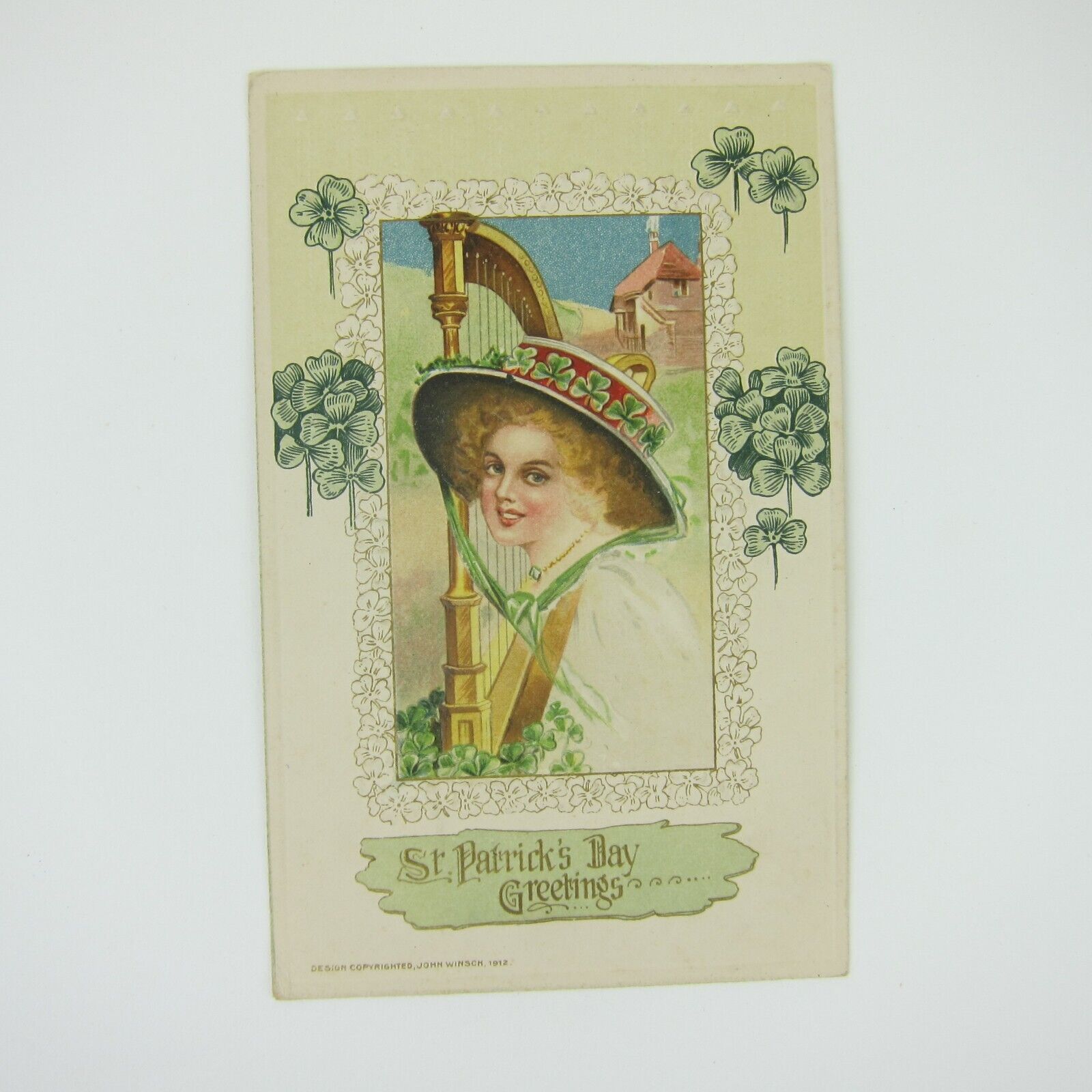 St. Patricks Day Postcard Woman Hat Gold Harp Shamrocks Winsch Antique 1914