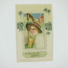 St. Patricks Day Postcard Woman Hat Gold Harp Shamrocks Winsch Antique 1914 picture