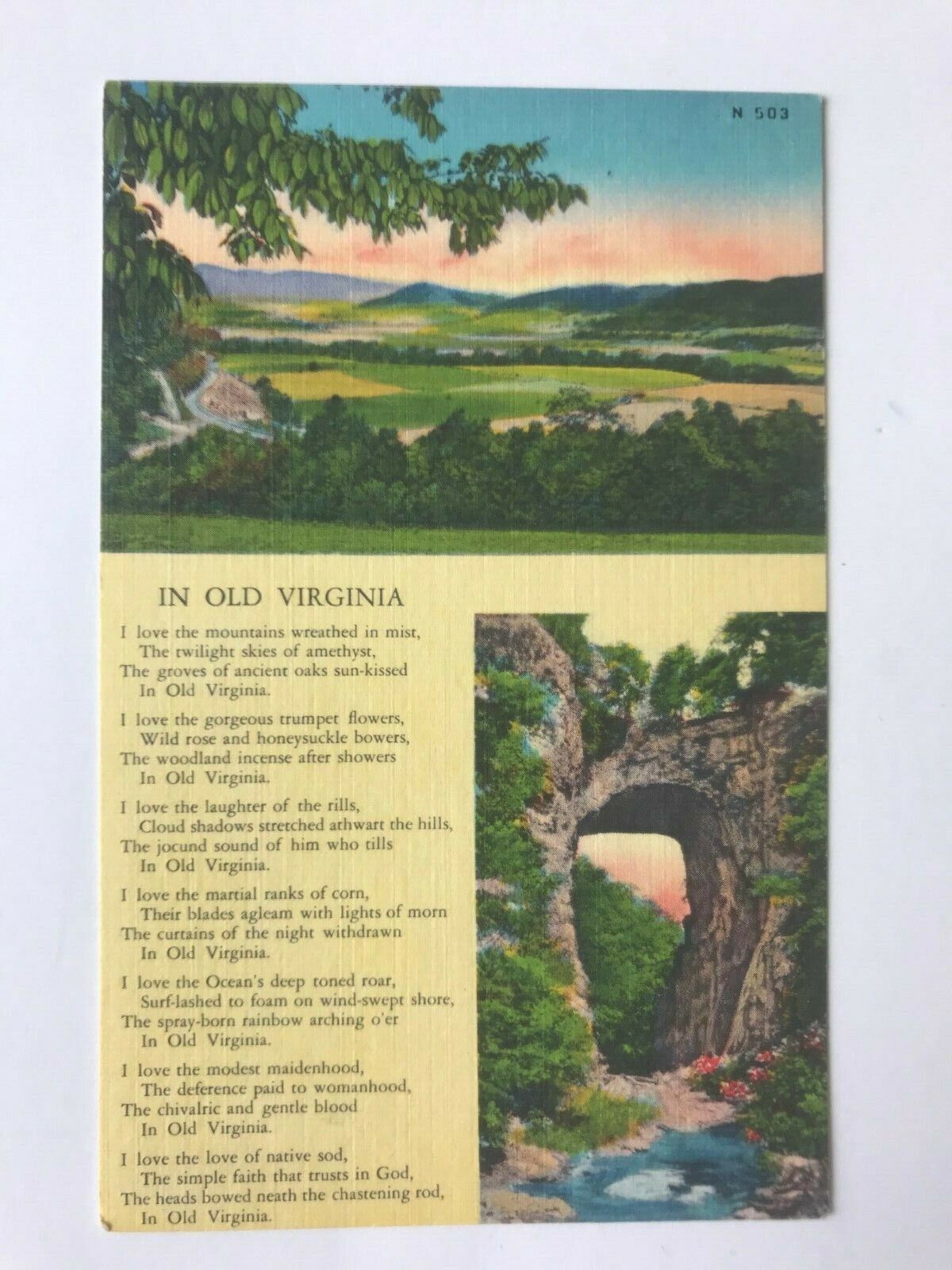 Postcard VA In Old Virginia Lyrics Mountain River View Landscape c1930's