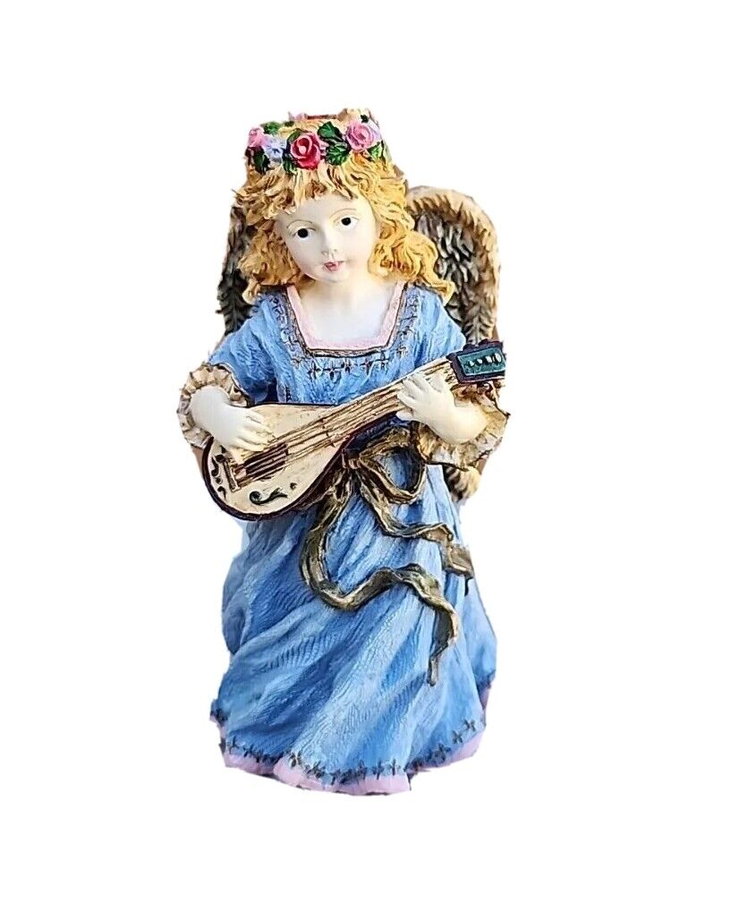 Vintage Cabbage Rose 3D Winged Angel Figurine in Blue Dress with Banjo 6.5\