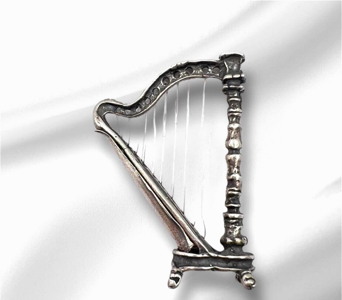 Vintage Miniature Music Harp Figure Art Statue Italian Solid Silver 800 Signed