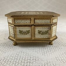 Toyo Japan Gold & White Vintage Wooden Jewelry Music Box w/ Red Lining 8x6x5