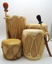 Authentic Southwestern Native American 4 Rawhide Wood Drums with 2 Drumsticks picture