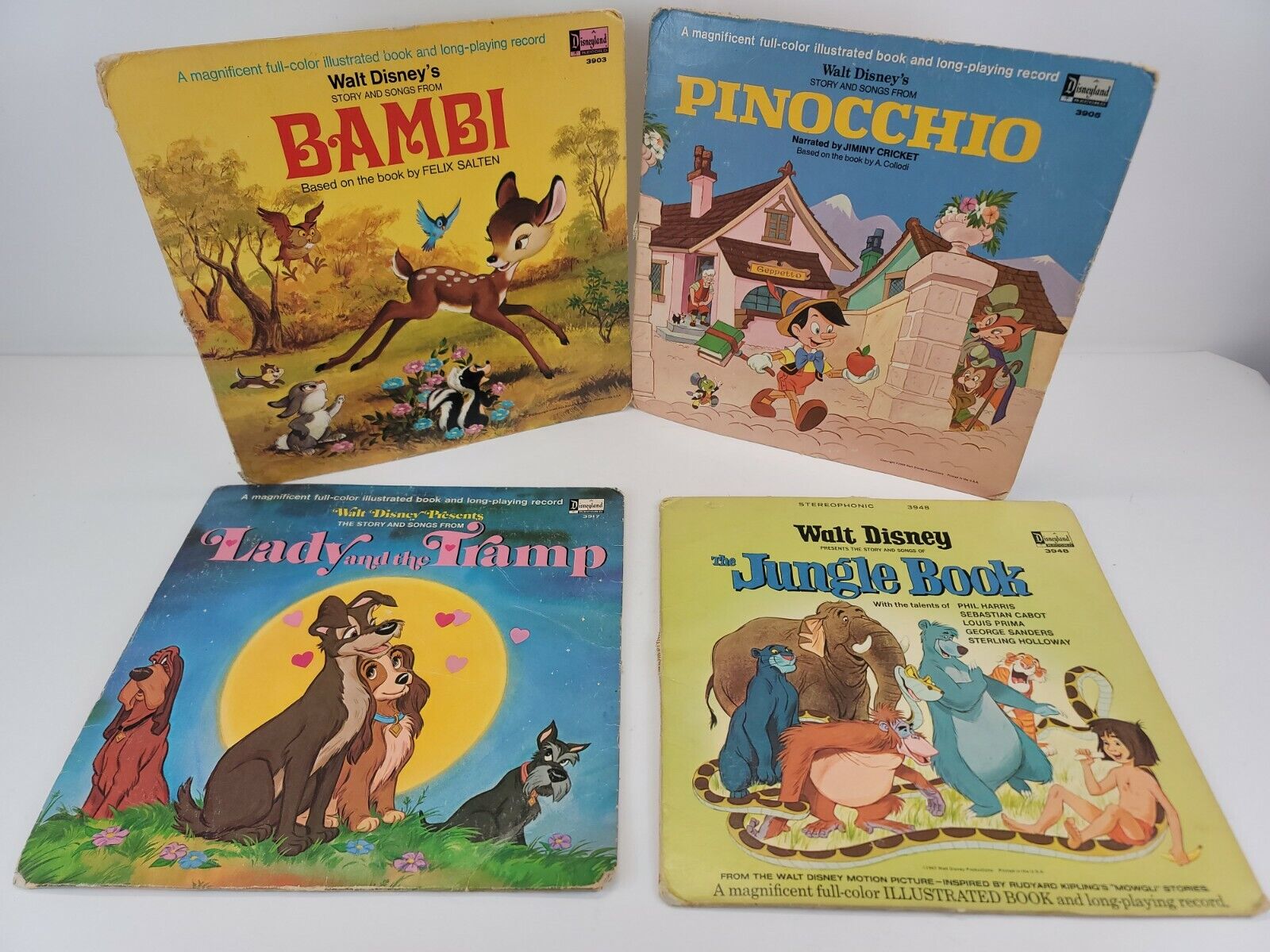 Disneyland Records Vintage Lot of 4 Vinyl Bambi Pinocchio Lady Tramp Jungle Book