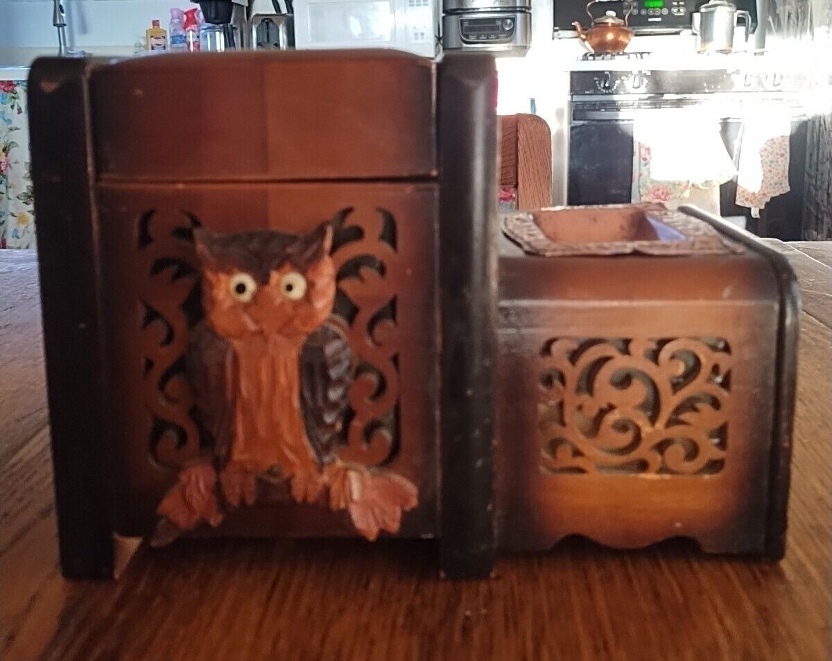 Vintage Wooden Cigarette Box w/Owl and Working Music Box
