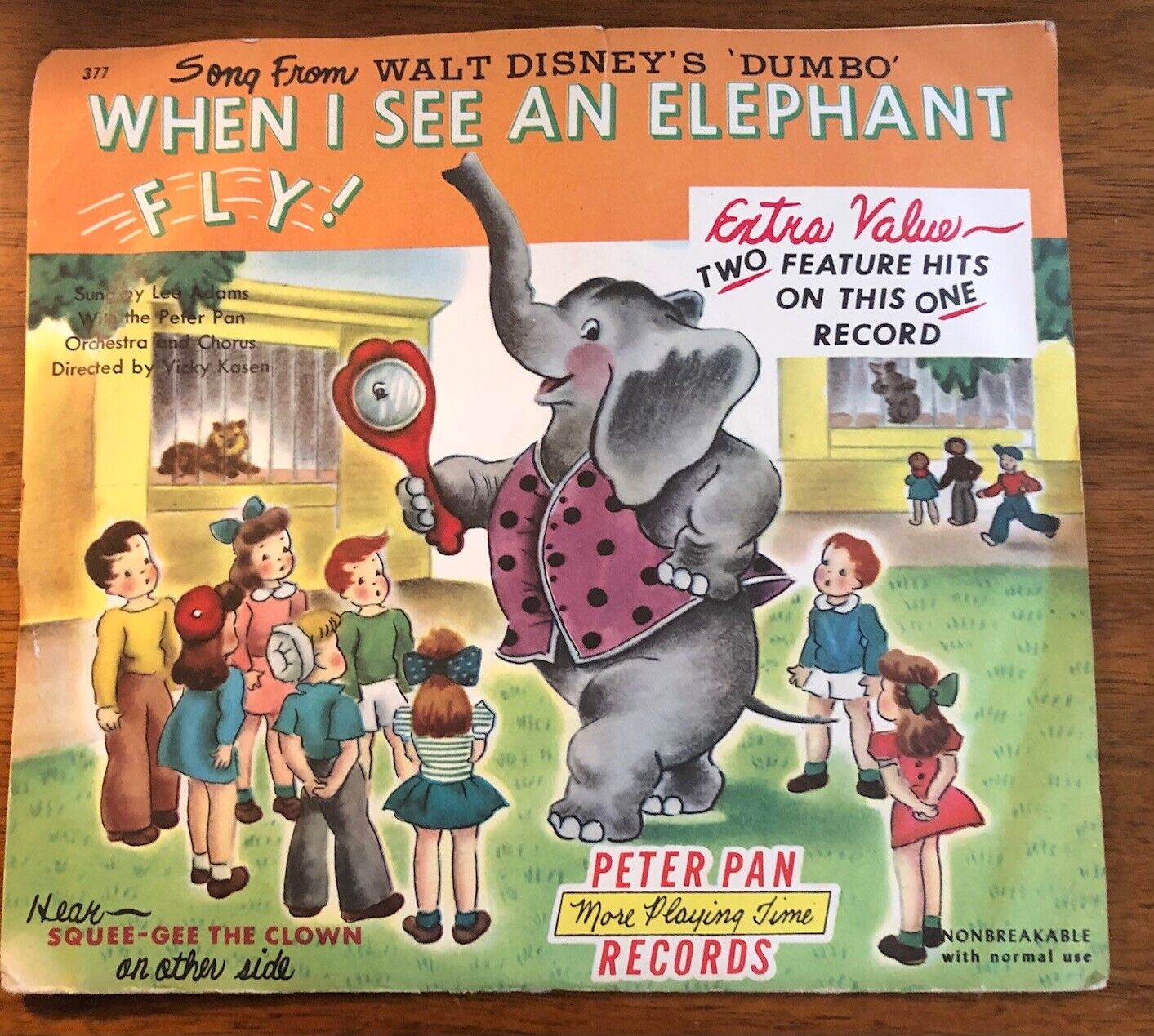 Vintage Children's Peter Pan Record - Disney Dumbo Elepant Fly 377 - 45 Vinyl