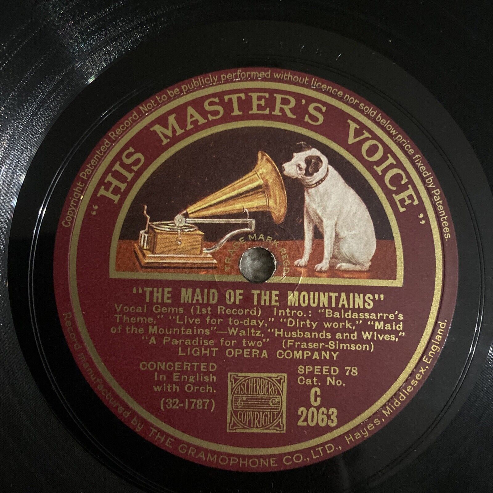Vintage 78 Record Light Opera Company Harold Fraser-Simson Maid Of The Mountains