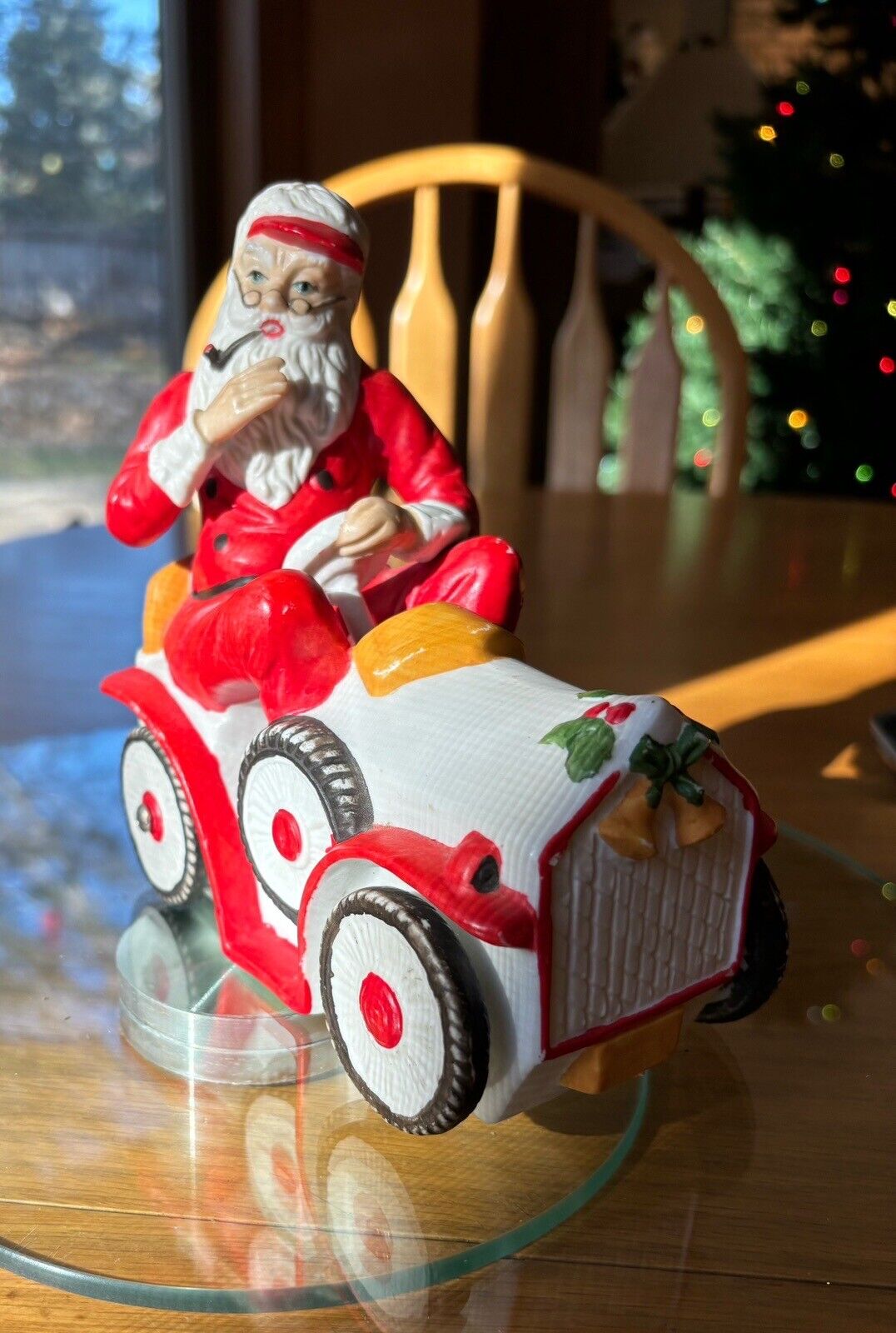 Vintage Flambro Music Box Santa in Car \