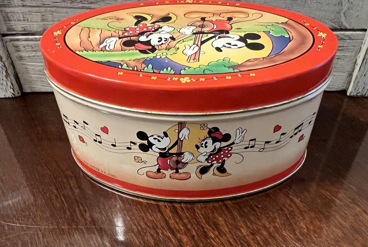 VTG Disney Mickey Minnie Oval Candy Souvenir Tin Box Music Themed Guitar 1996 6”