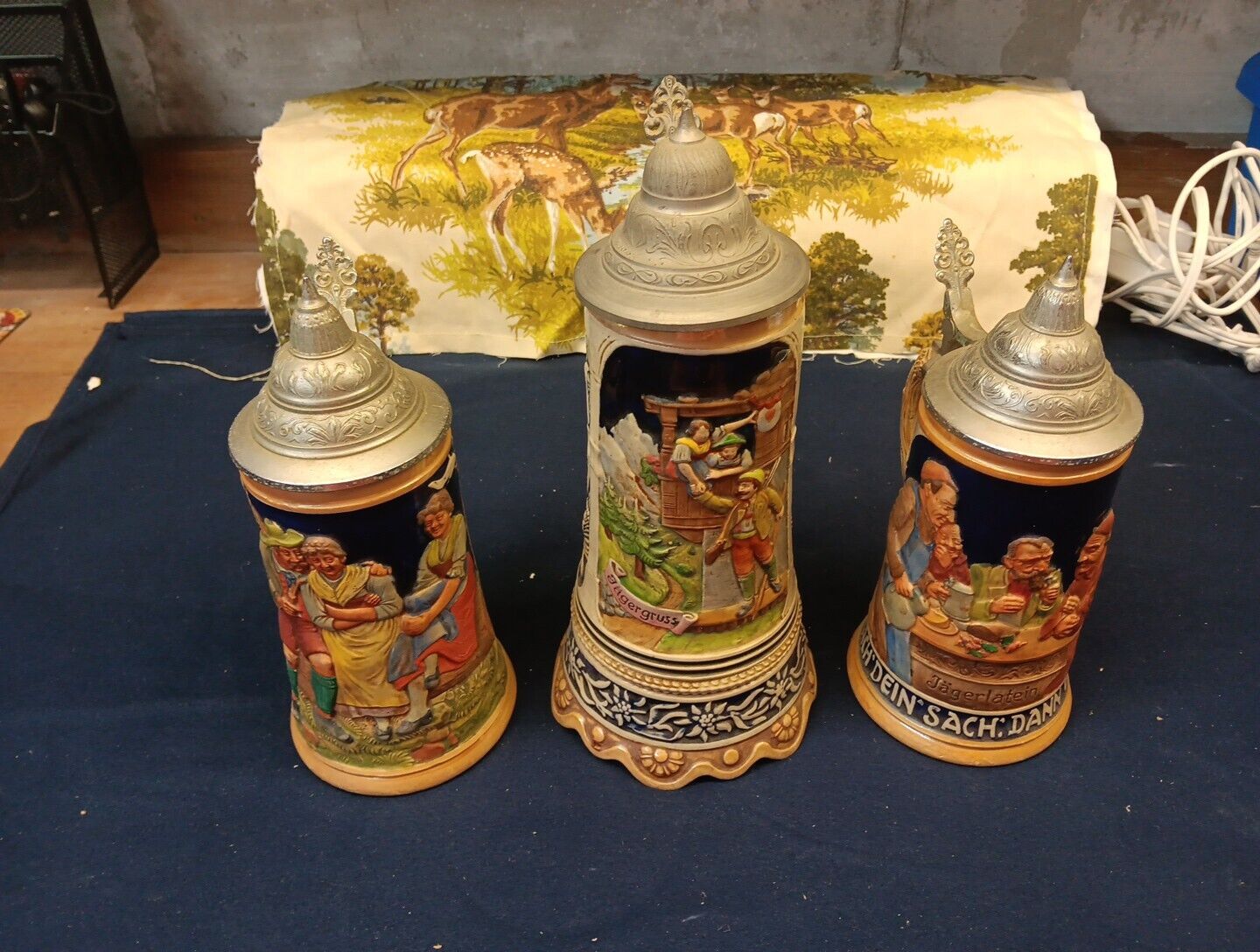 vintage lot of 3 West German Lidded Beer Stein pewter lids One W/Music -No Boxes