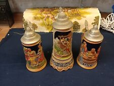 vintage lot of 3 West German Lidded Beer Stein pewter lids One W/Music -No Boxes picture