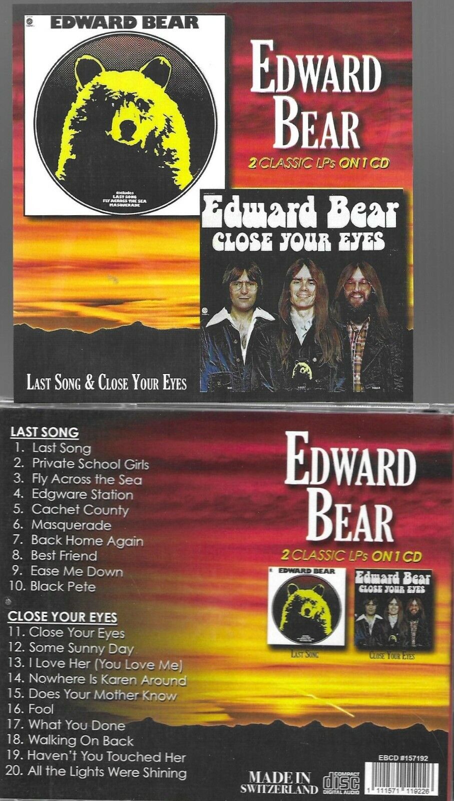 EDWARD BEAR LAST SONG/CLOSE YOUR EYES-2 RARE LPS ON 1 CD-NEW IMPORT