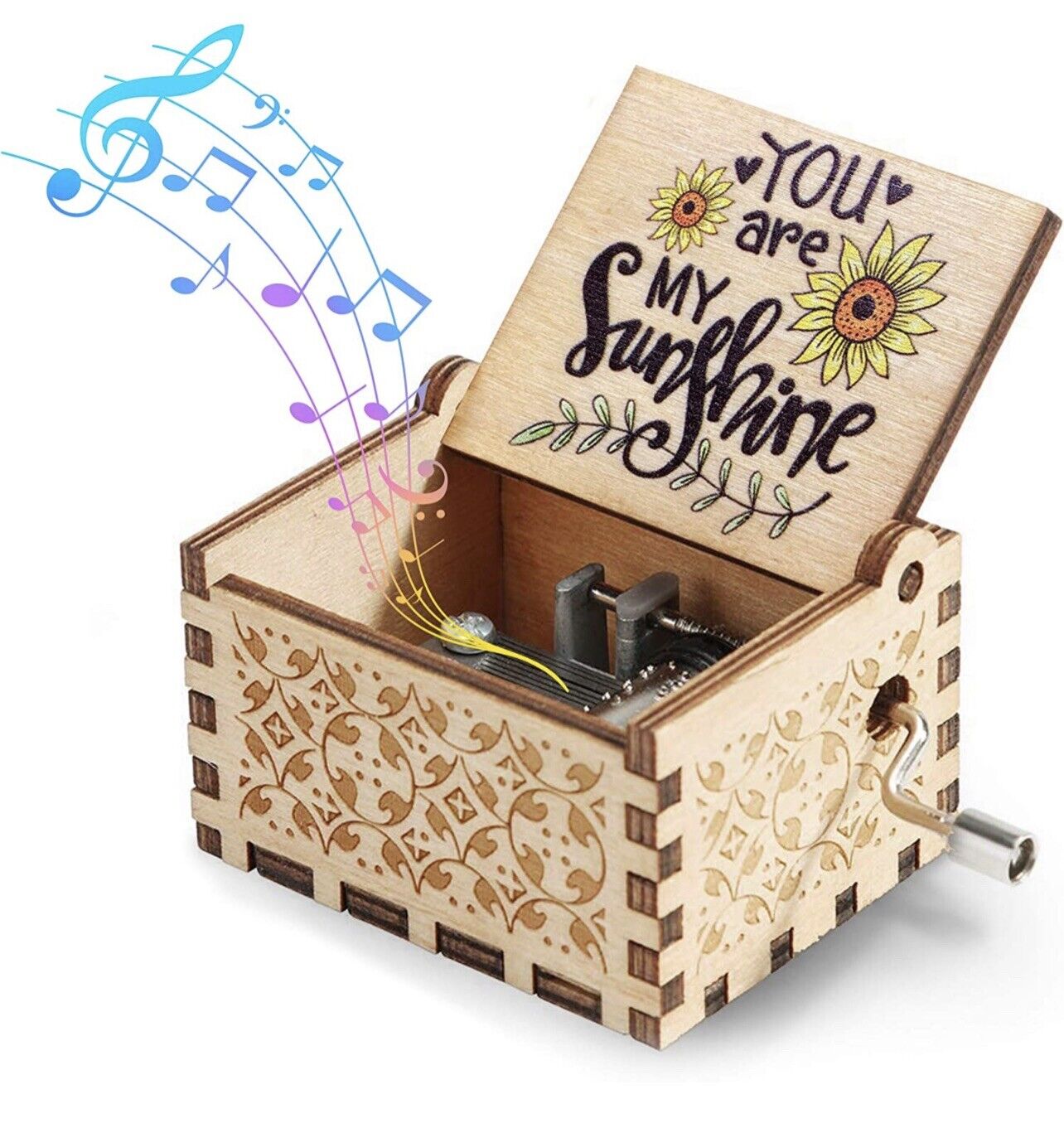 Hexagram You are My Sunshine Music Box,Hand Crank Wooden Vintage Laser Engraved
