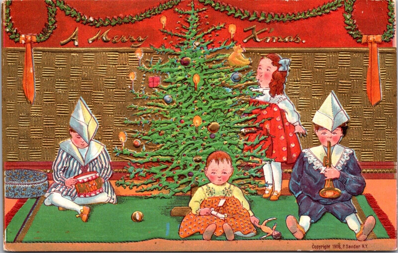 Embossed Christmas PC Children Wearing Paper Hats Playing with Toys Drum Doll