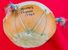 VINTAGE NATIVE AMERICAN CHEYENNE RAWHIDE HAND GOURD DRUM ~ SIGNED/DATED picture