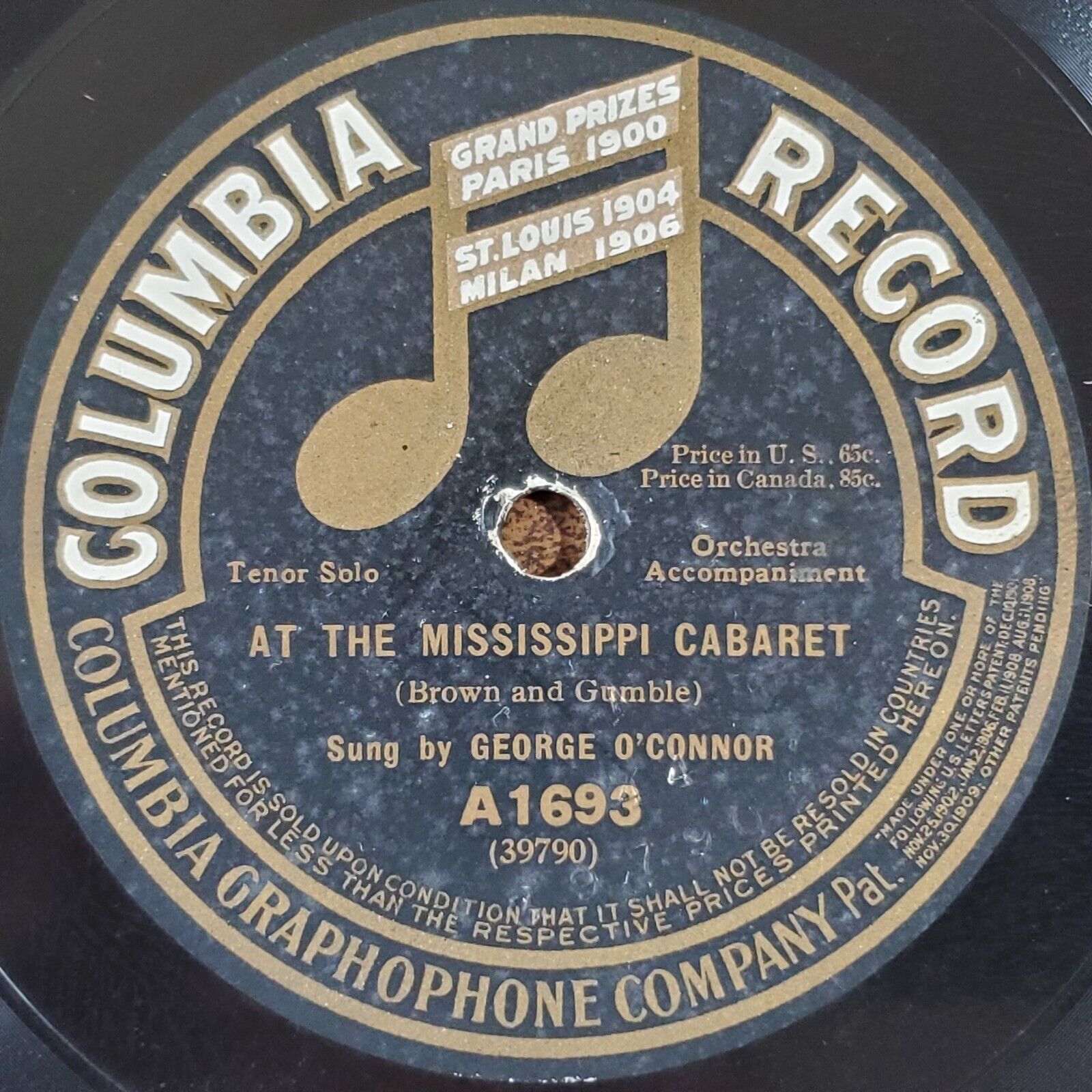 ANTIQUE 1909 Sung by GEORGE O\'CONNOR and Orchestra 78rpm 10 in Columbia A1693 VG