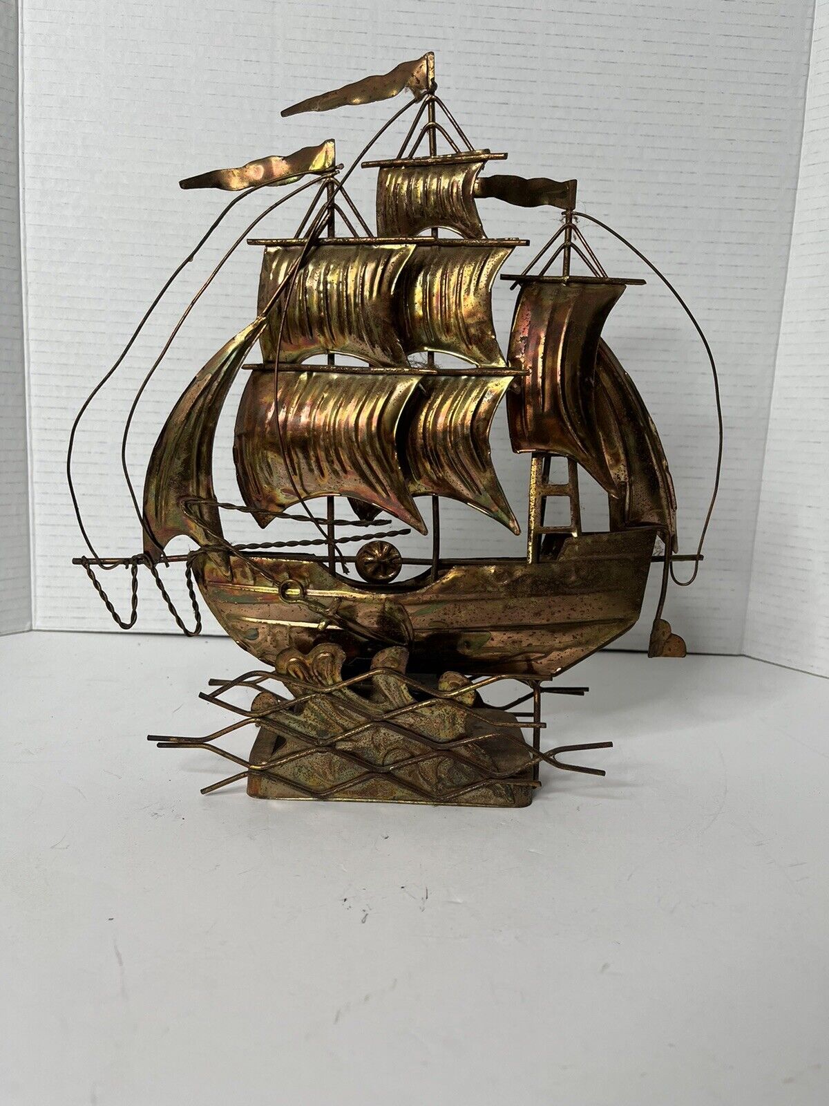 Vintage  Copper And Tin Musical Box Rocking Schooner Ship Plays Beyond The Sea