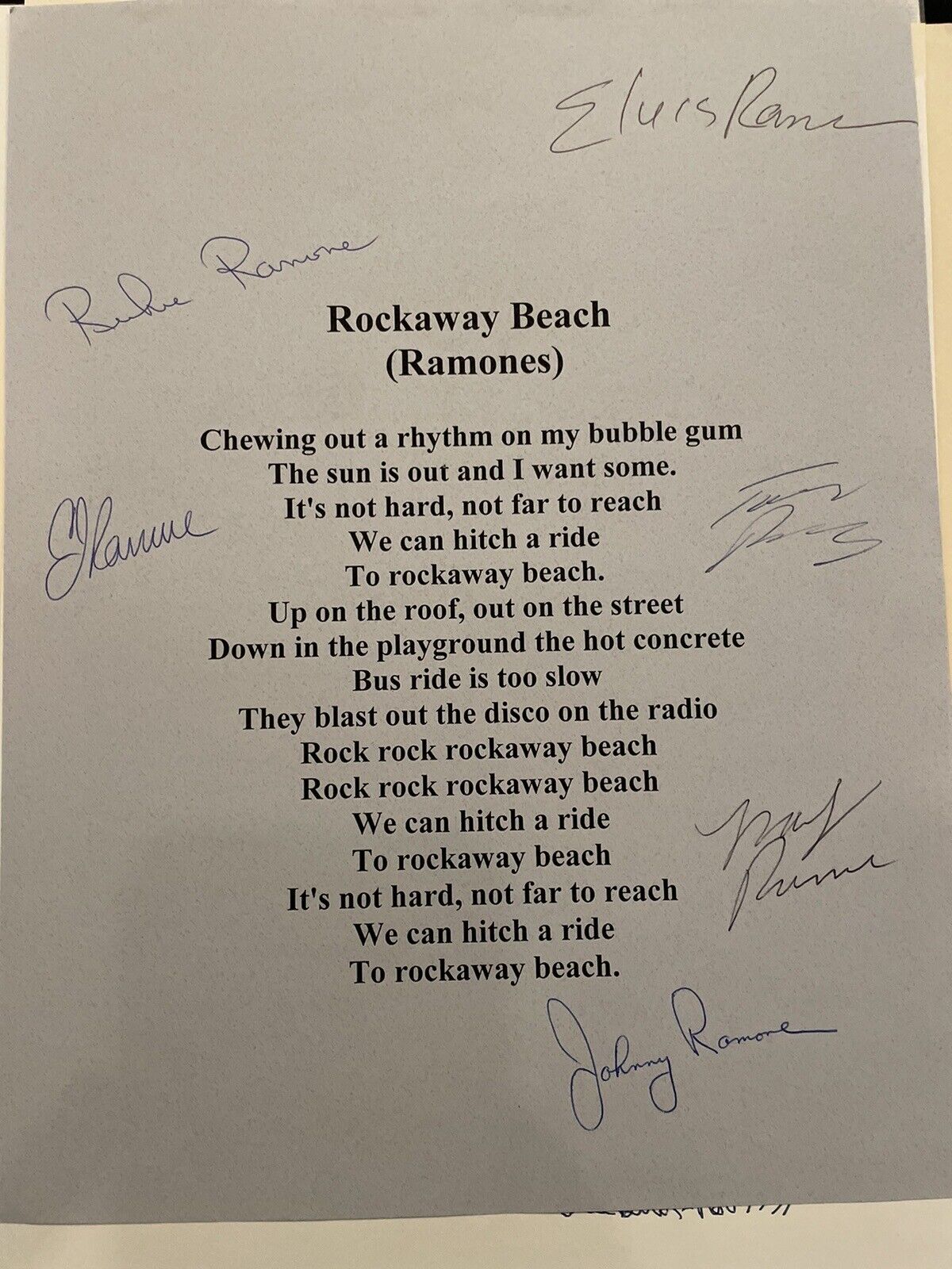 Ramones signed Lyrics Johnny Ramone, Tommy, CJ, Richie, Marky, Elvis Proof
