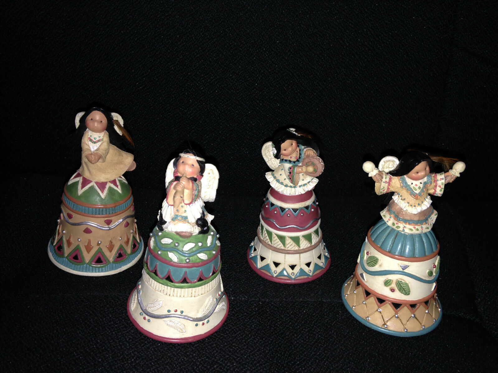 Lot of 4 Friends of the feather bells w/boxes:rattles,drum,singing,flute