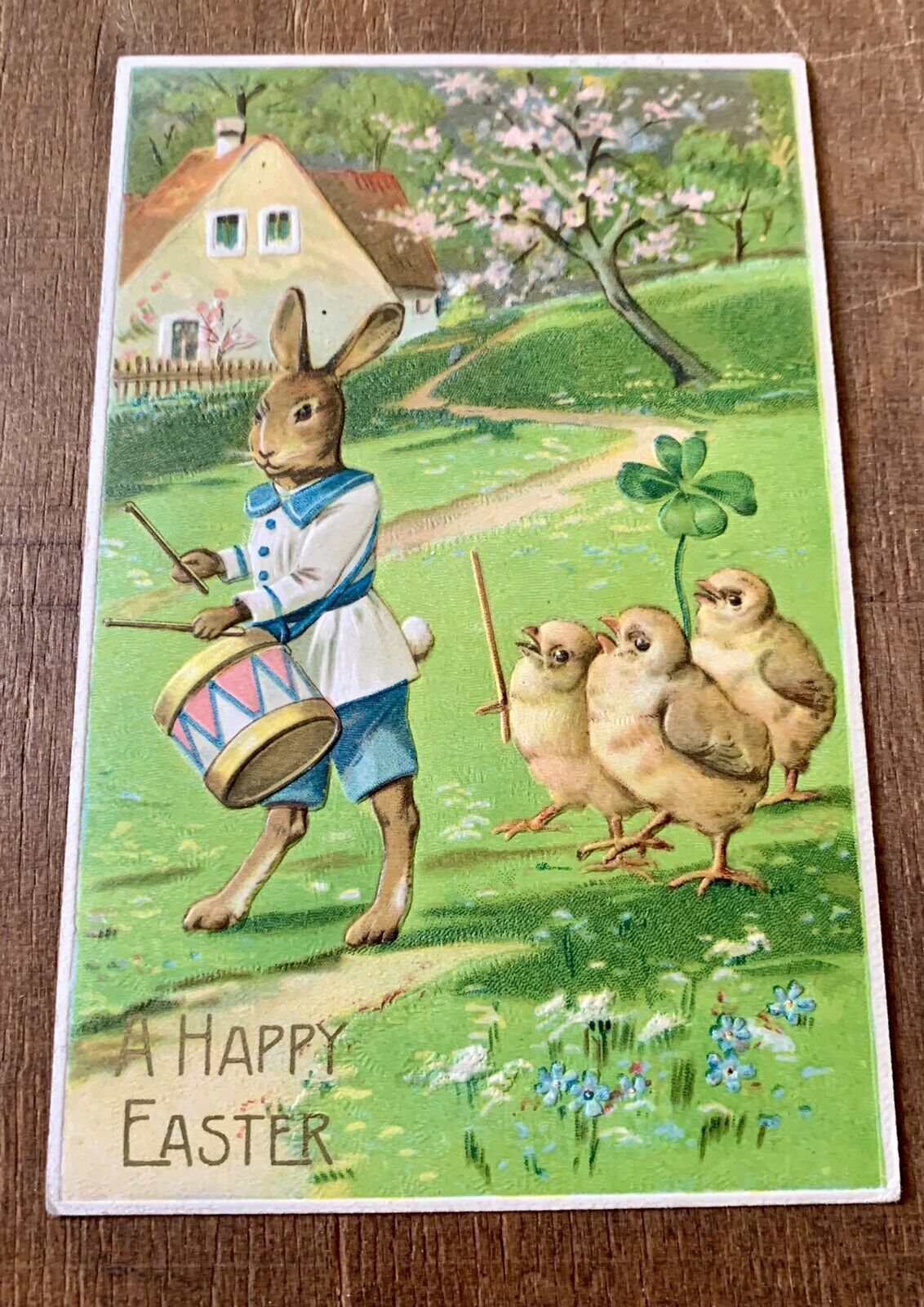 Vintage Easter Postcard  - Rabbit Plays Drum - Chicks March