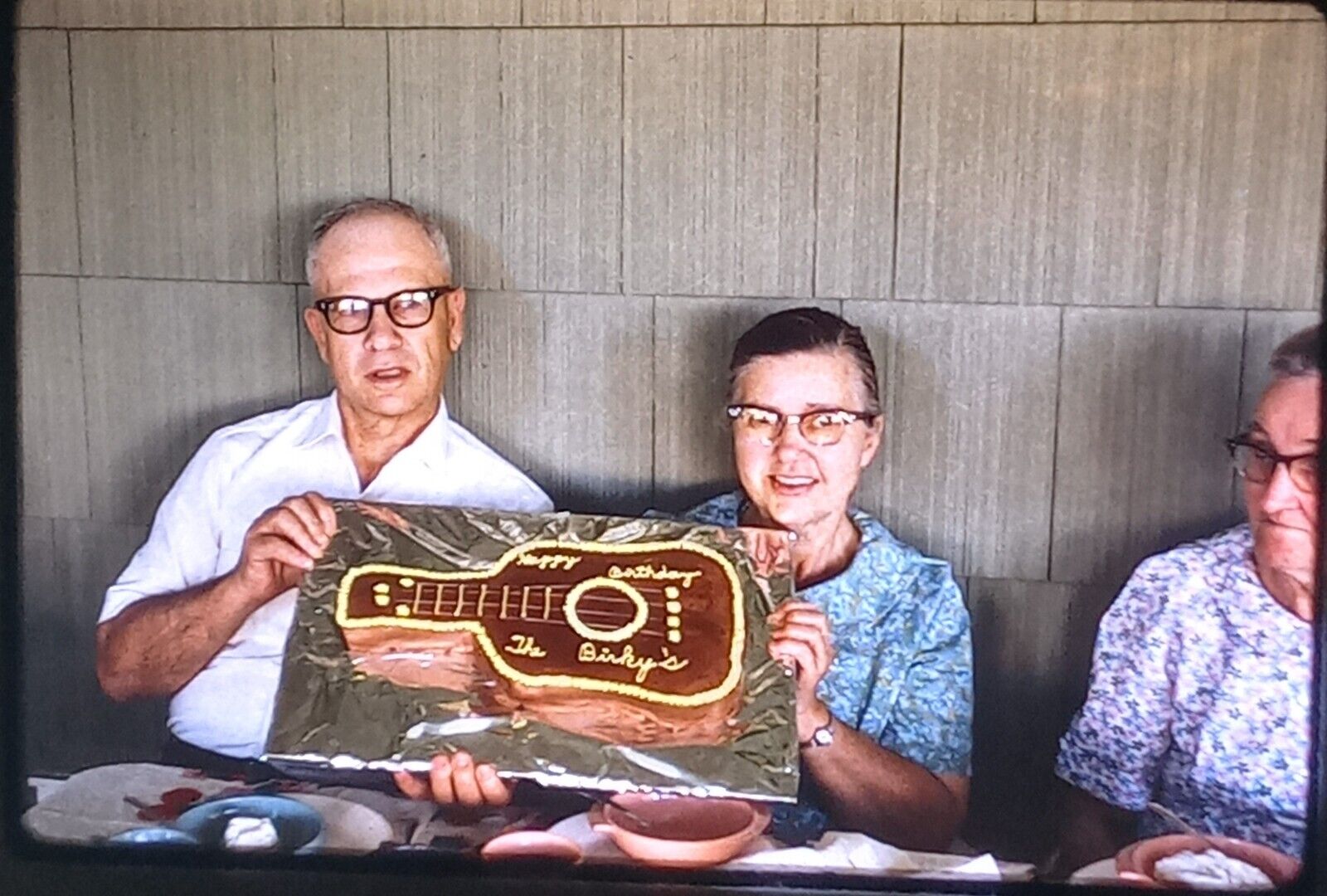 1960s Birky Guitar Birthday Cake Elder Couple Fashion Vtg 35mm Photo Slide