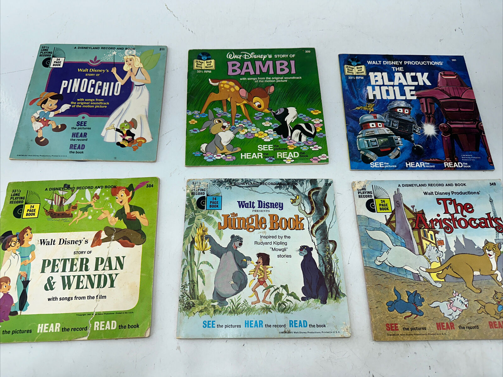 VTG Disney See Hear Read Book Lot Of 6 Records Jungle, Book, Peter Pan ￼Bambi