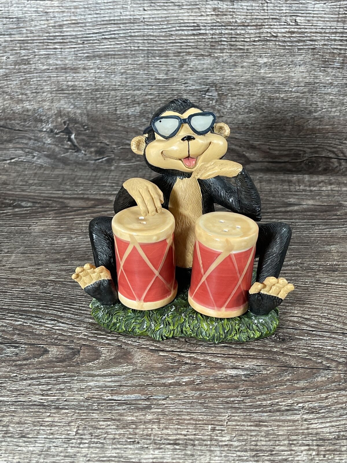 Monkey Playing Bongo Drums Salt & Pepper Shakers Set W/ Base