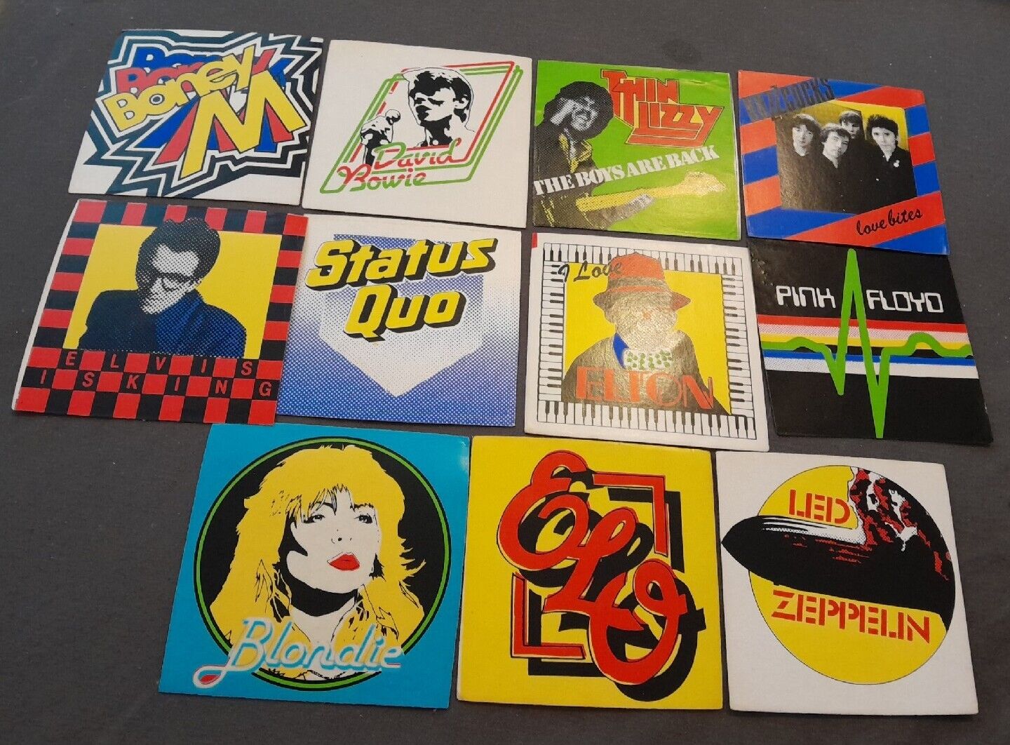 VINTAGE POP MUSIC STICKERS 1980\'S ELO / BLONDIE / LED ZEP / FLOYD / QUO / BOWIE