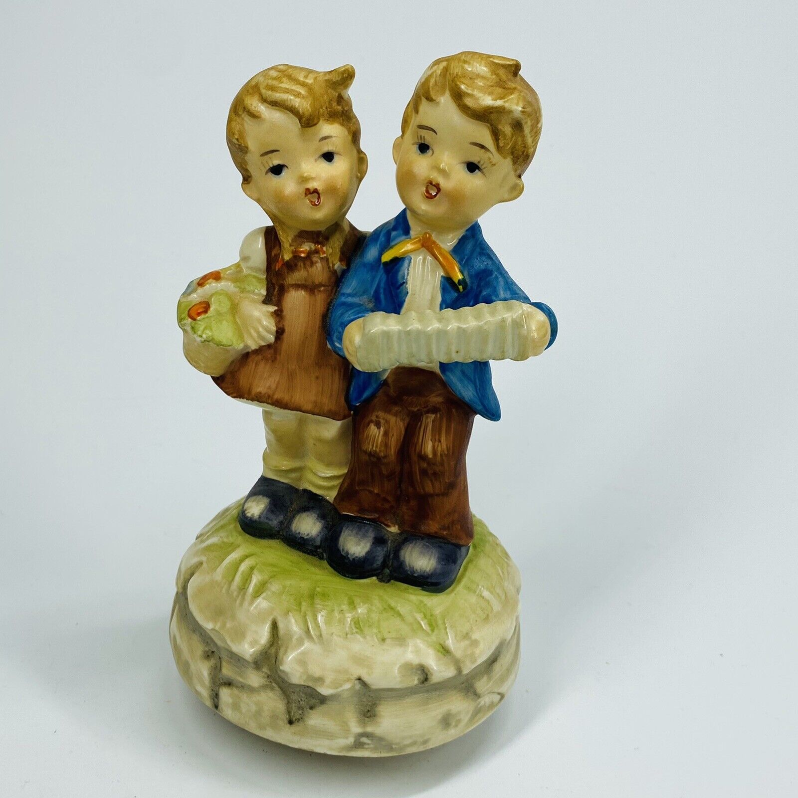 Vintage Bisque Porcelain Singing Girl & Boy w/ Accordion Music Box (SH)