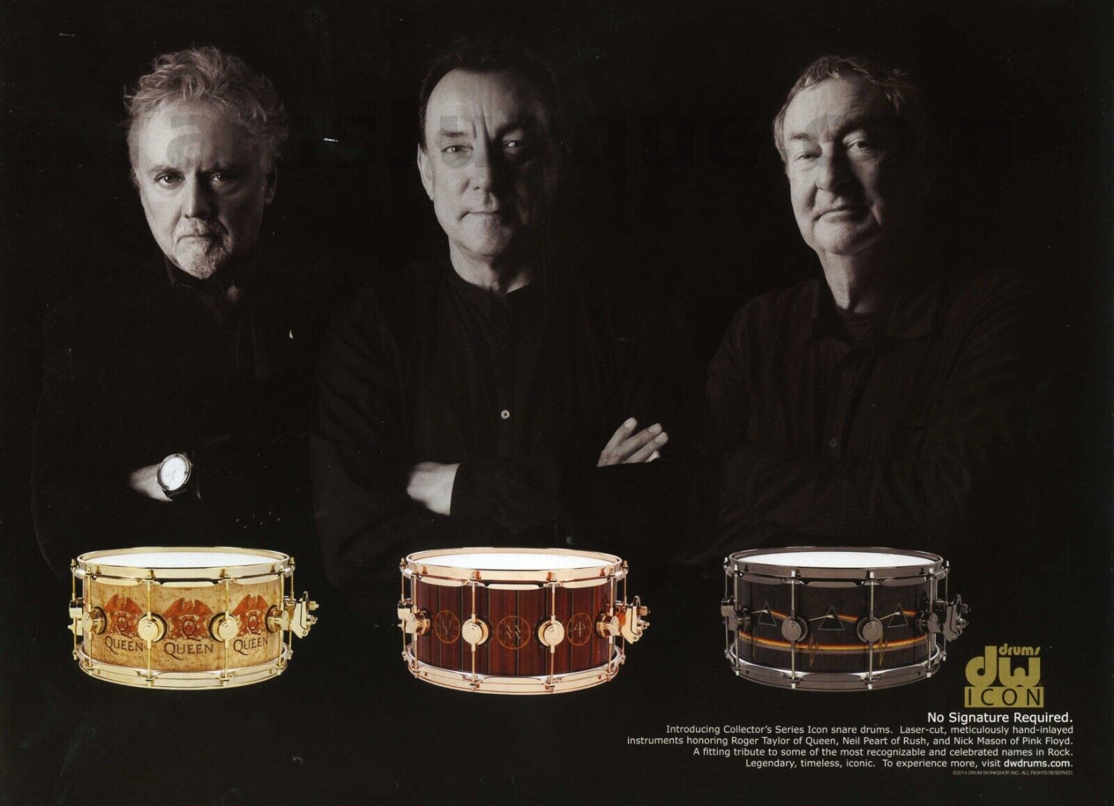 2015 DW Icon Snare Drums feat Neil Peart Roger Taylor Nick Mason PRINT AD (1354)