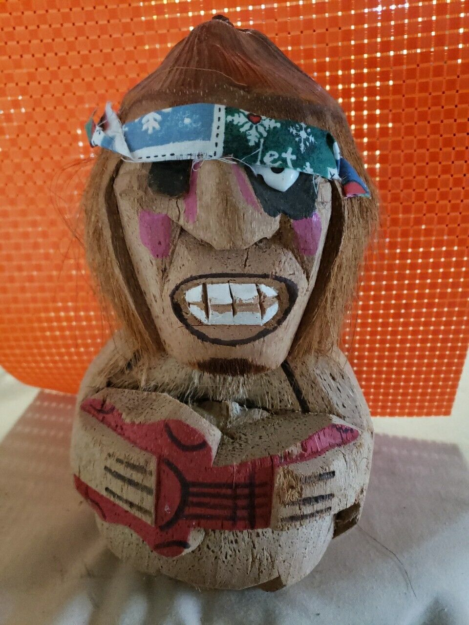 Hand Carved Wooden Coconut Pirate Standing Body Head Bandana Eyepatch Guitar 