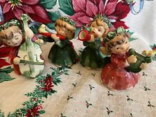 Vintage Lefton Japan Musical Angel Figurines Harp Flute Horn Cello Green W/ BOX picture