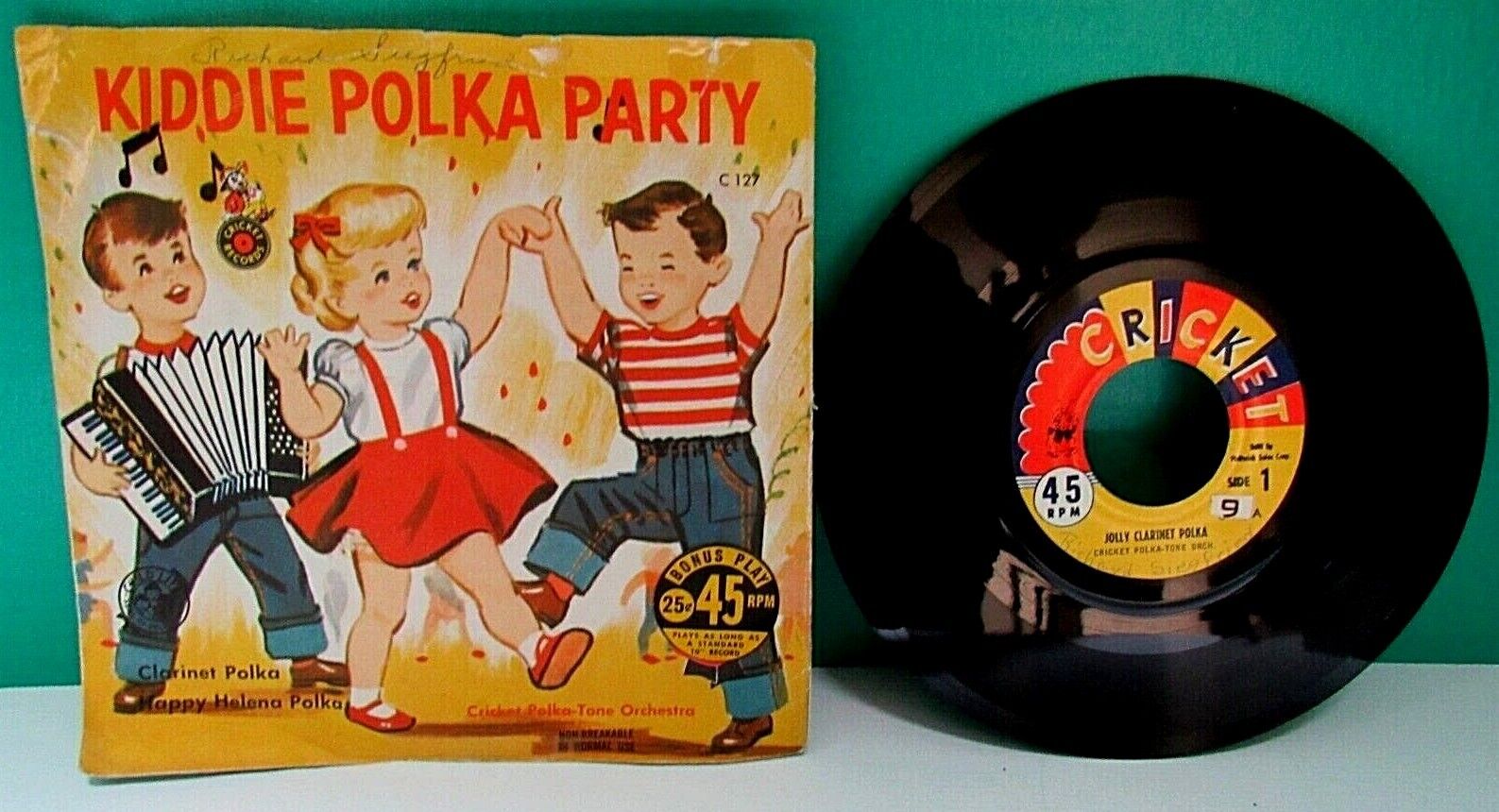 VTG. MID-CENTURY CHILD\'S 45 RPM KIDDIE POLKA PARTY RECORD ~CLASSIC 50\'s ARTWORK