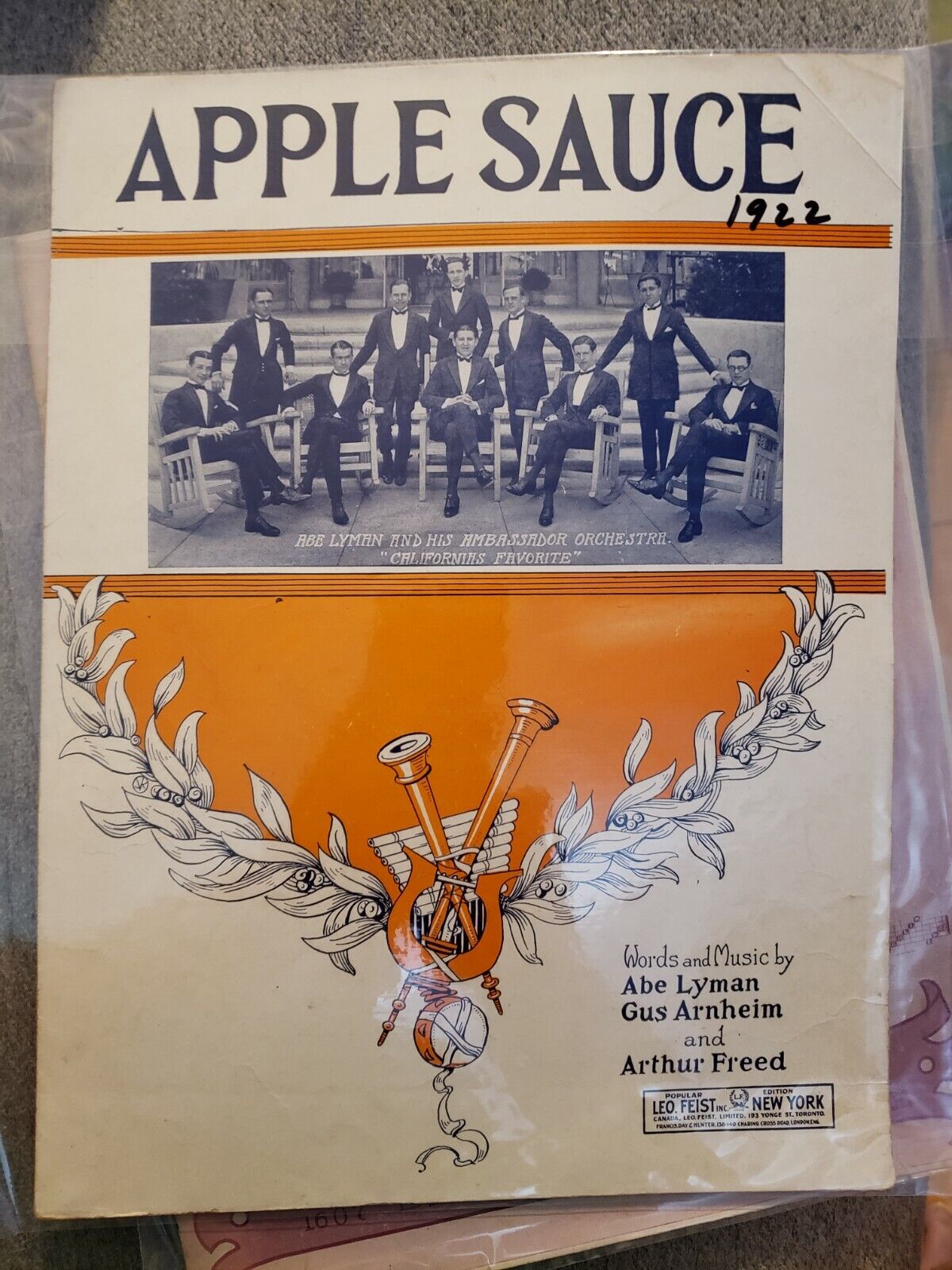 Vintage Sheet Music 1922 Apple Sauce Abe Lyman Gus Arnheim Arthur Freed